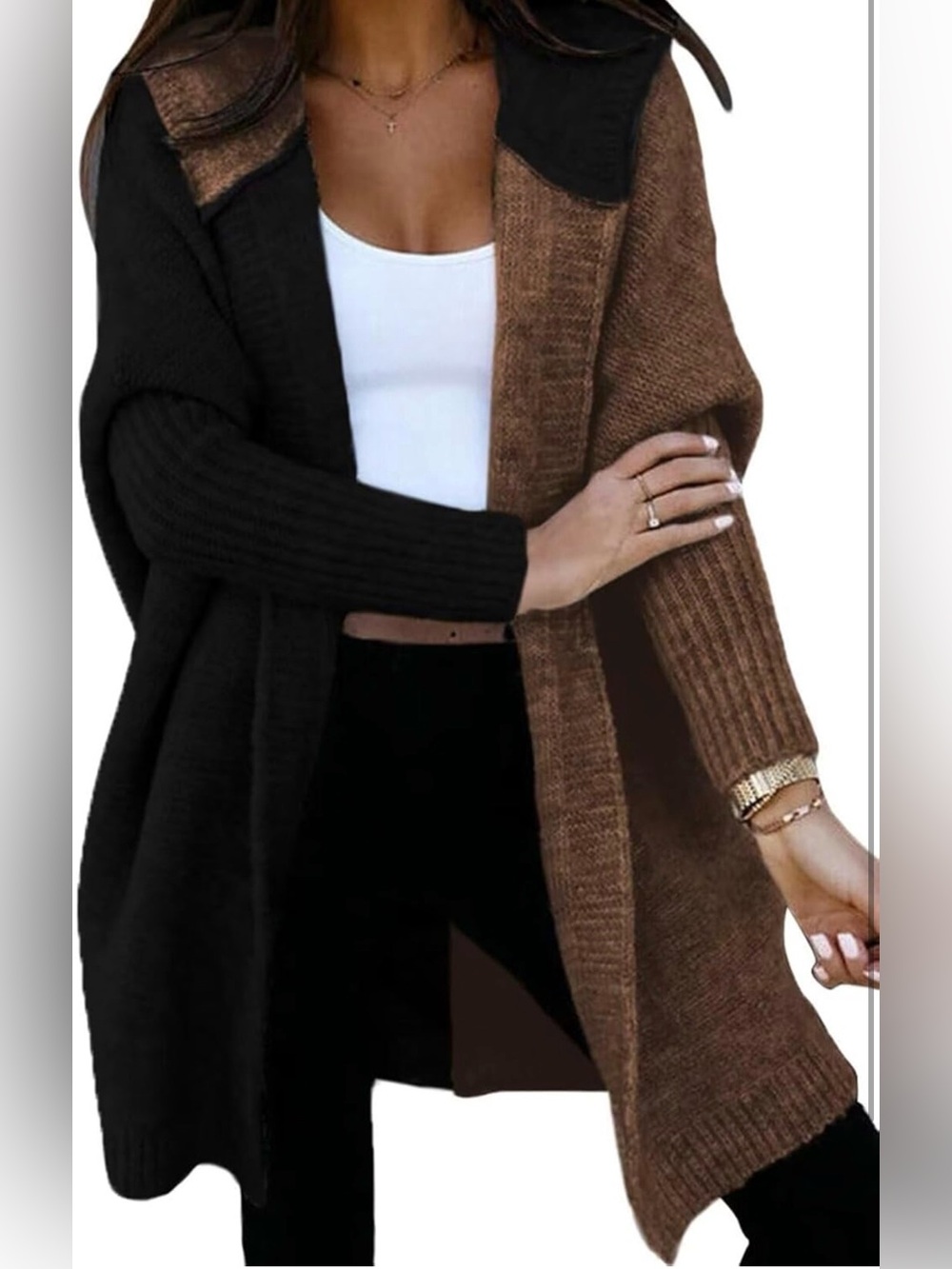 Open Front Long Sleeve Hooded Knit Cardigan Sweaters Color Block-NWOT